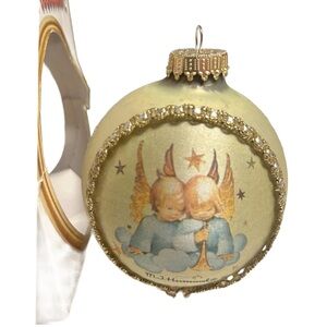 Schmid Berta Hummel • White & Gold Glass Christmas Ornament W/ Angel Design